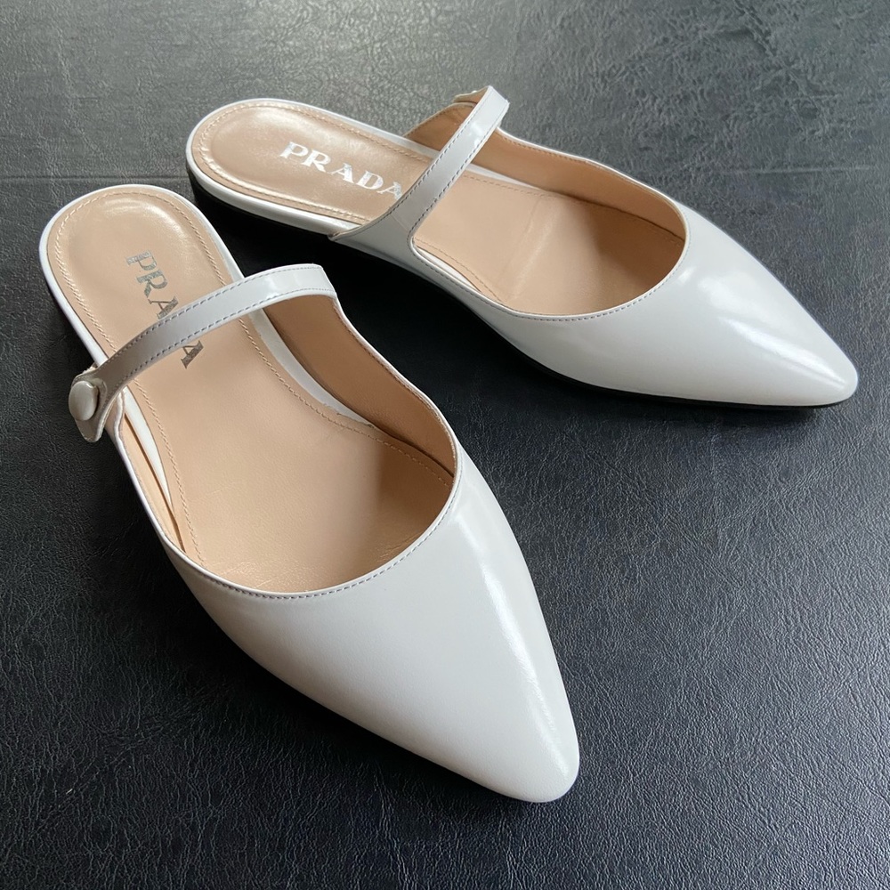 PRADA Point Toe Mules White Leather Sz 37 RRP$690